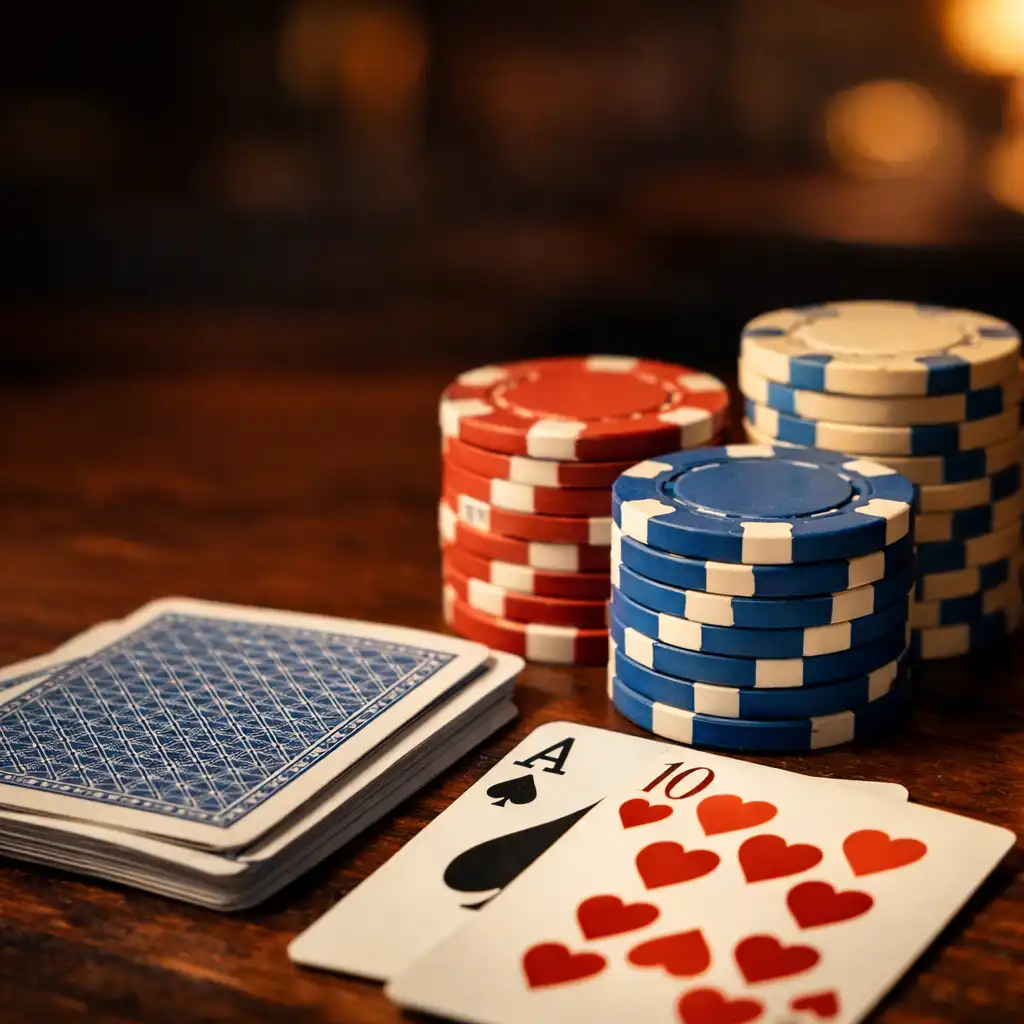 Gros plan sur des cartes à jouer et des jetons de poker en argile sur une table en bois sombre