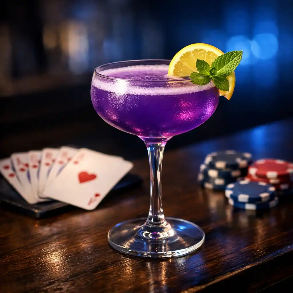 Cocktail Le Flush Royal dans un verre à pied avec cartes et jetons en arrière-plan