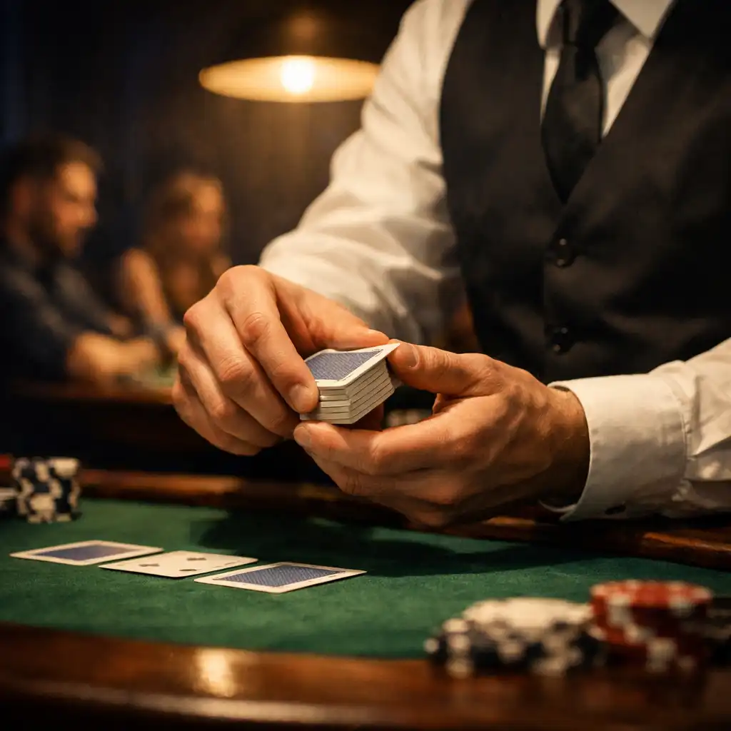 Dealer professionnel distribuant des cartes sur une table de poker dans une ambiance feutrée