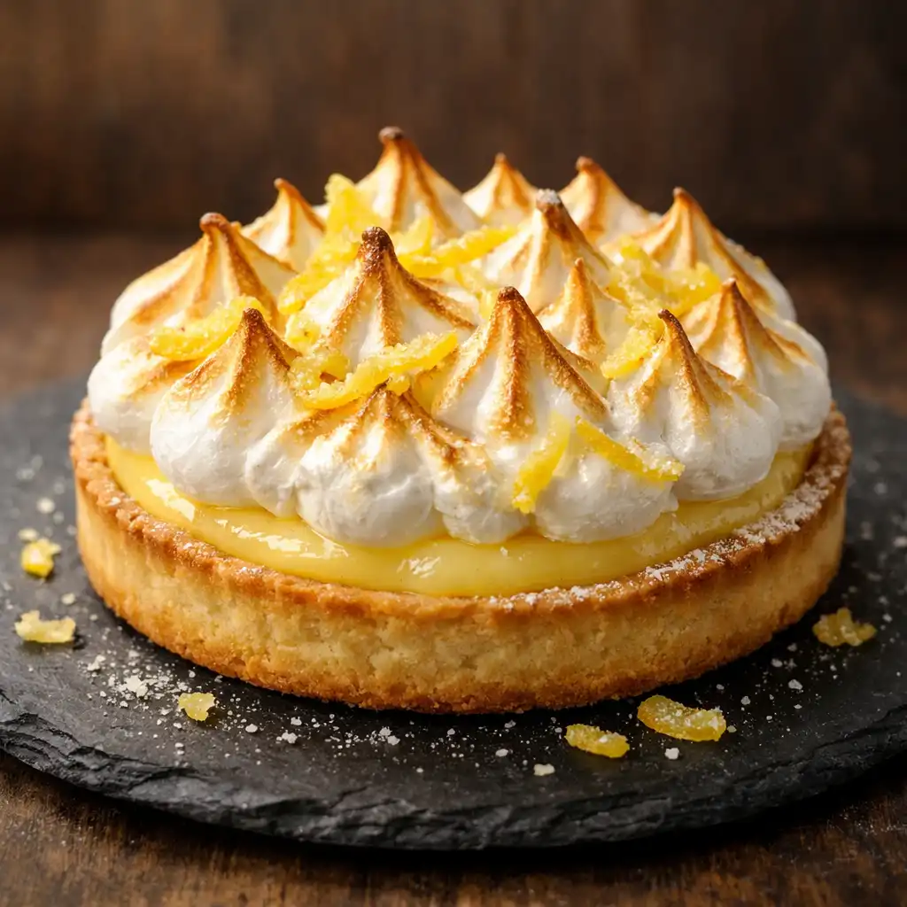 Tarte au citron meringuée avec meringue dorée et zestes confits