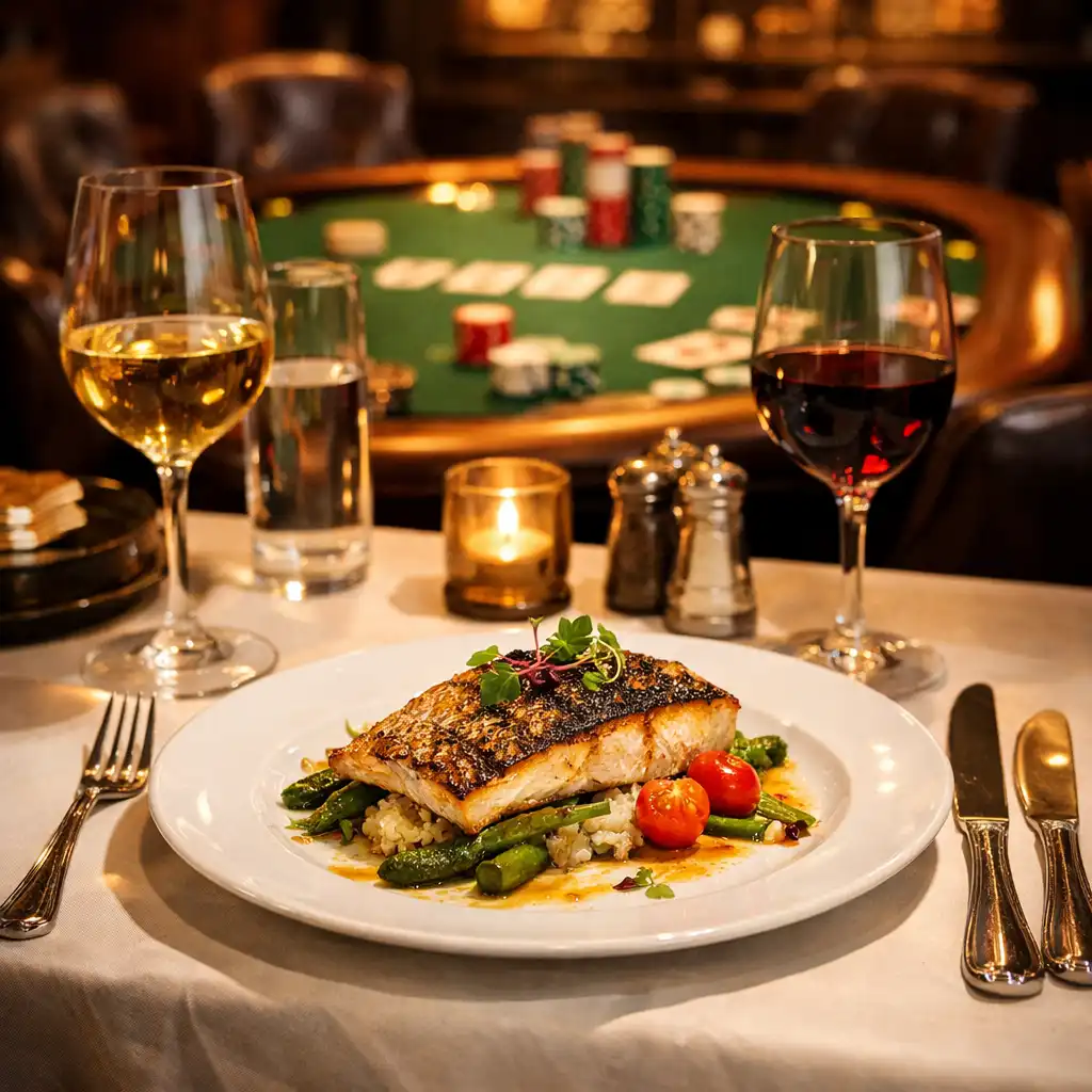 Table de restaurant dressée avec élégance, avec une table de poker visible en arrière-plan
