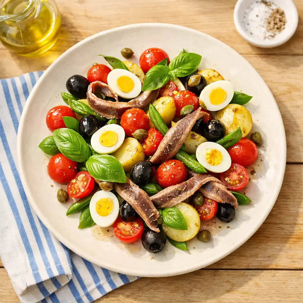 Salade niçoise revisitée avec tomates cerises, olives noires, œufs de caille, anchois et basilic