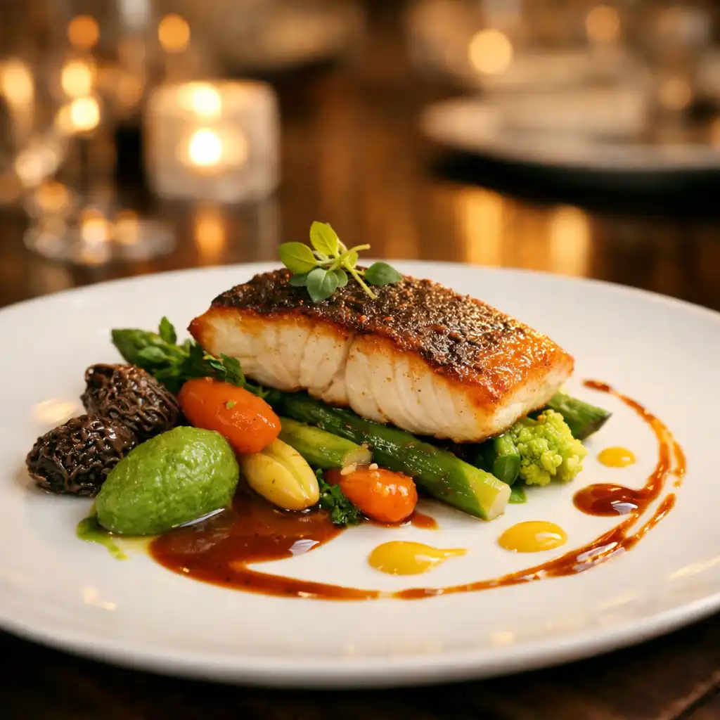 Plat gastronomique français dressé avec élégance dans une assiette raffinée