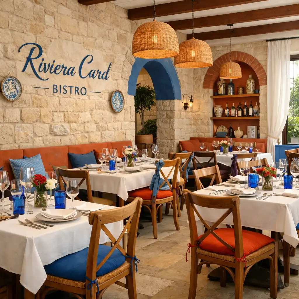 Intérieur méditerranéen du restaurant avec tables dressées, pierre claire et lumière naturelle
