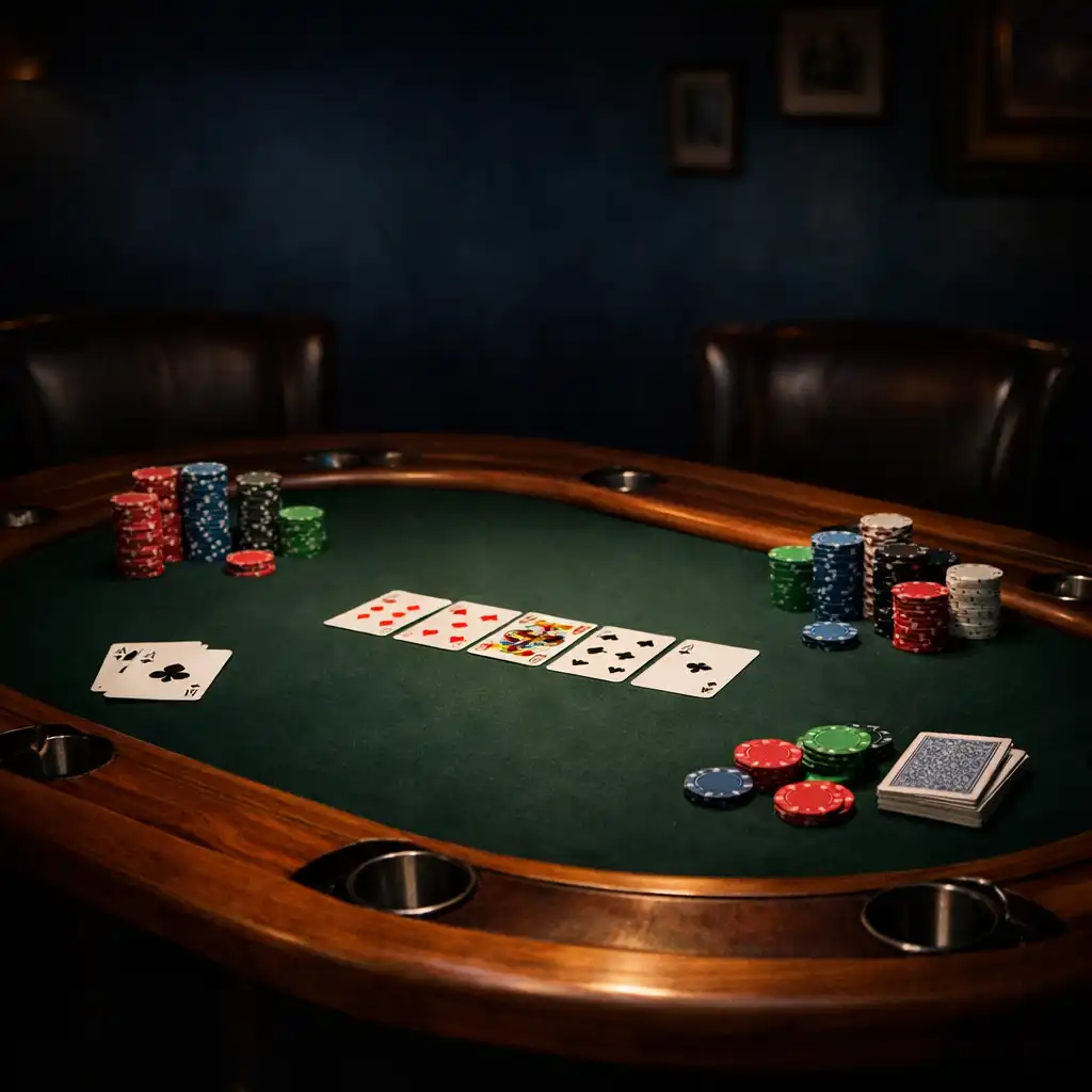 Table de poker en bois massif avec jetons colorés et cartes à jouer dans un salon feutré