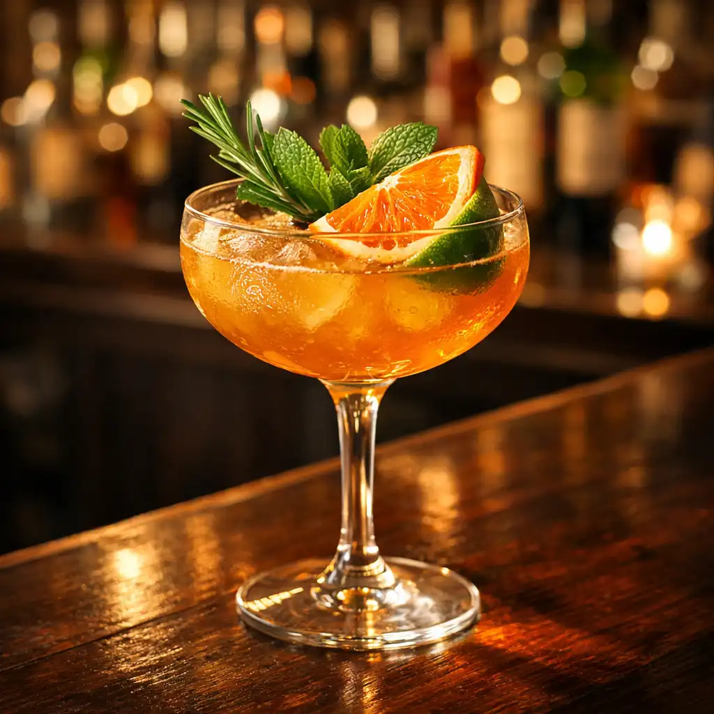Cocktail signature dans un verre élégant avec agrumes et herbes fraîches