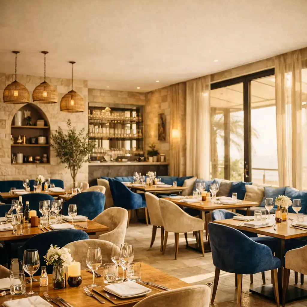 Salle à manger élégante du Riviera Card Bistro avec tables en bois, chaises en velours et lumière naturelle