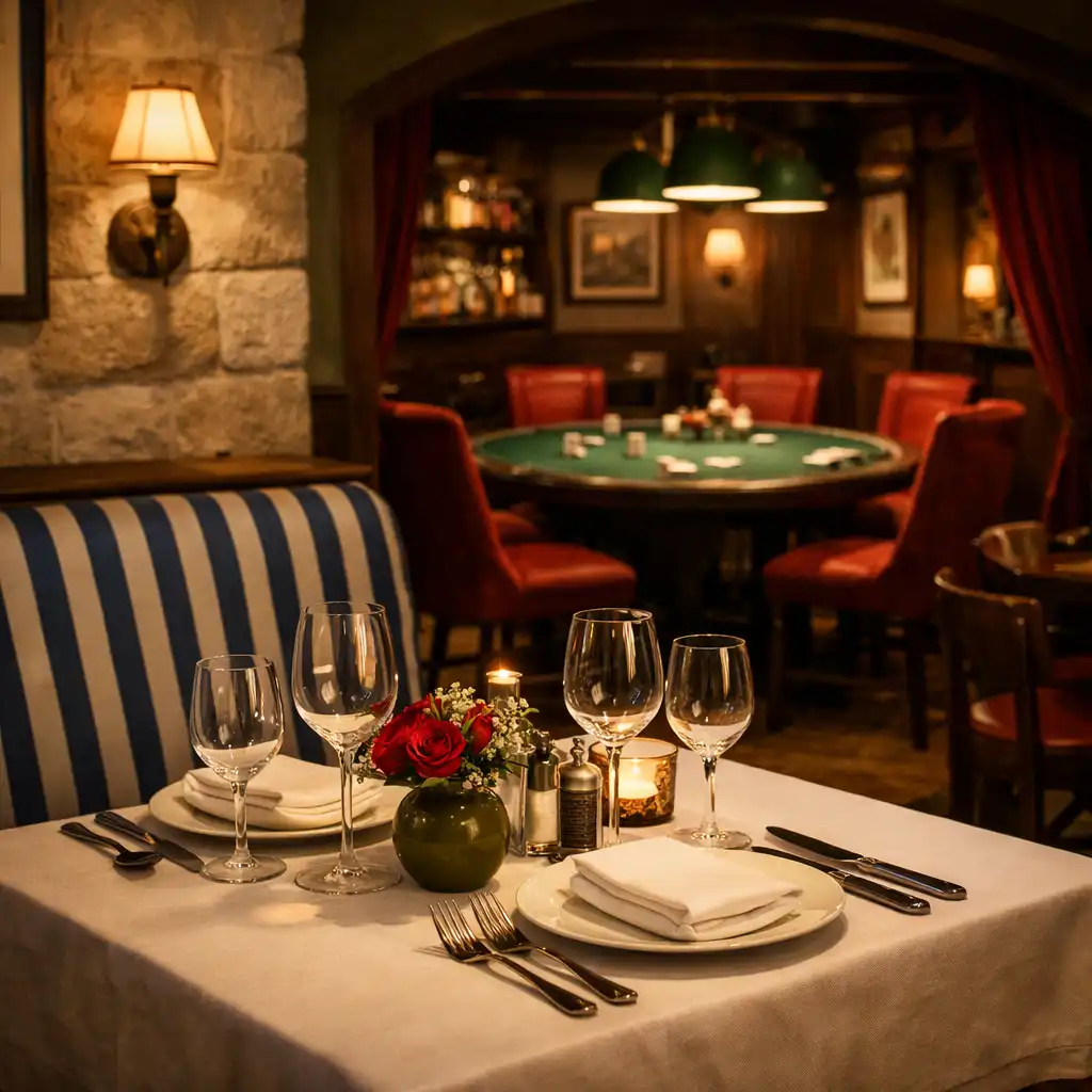 Intérieur élégant du Riviera Card Bistro avec une table de restaurant au premier plan et un salon de poker feutré en arrière-plan