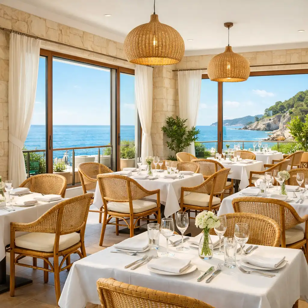 Salle à manger du Riviera Card Bistro avec tables en bois, nappes blanches et grandes fenêtres lumineuses