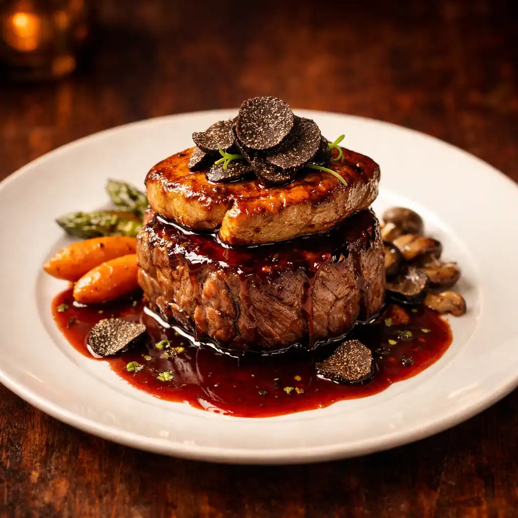 Filet de bœuf Rossini avec foie gras poêlé et sauce au vin rouge