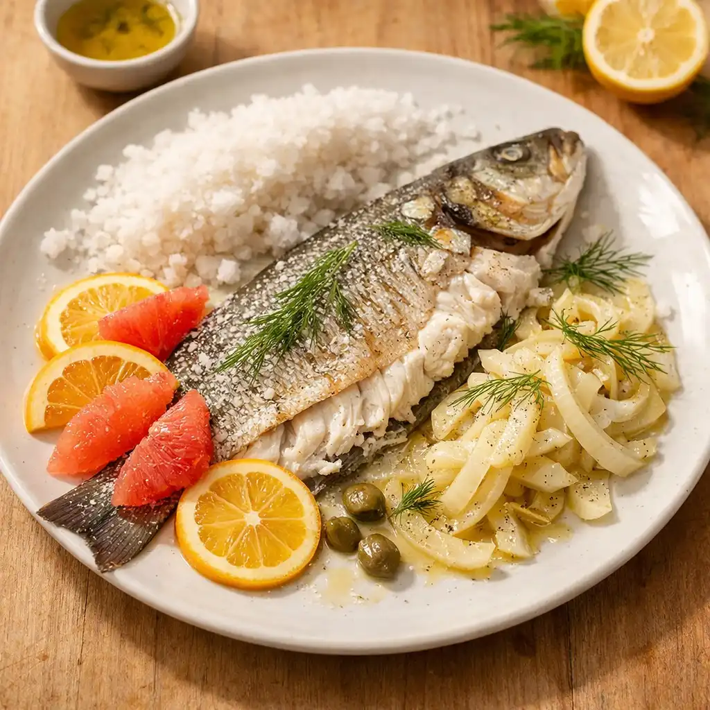 Loup de Méditerranée en croûte de sel avec agrumes et fenouil confit