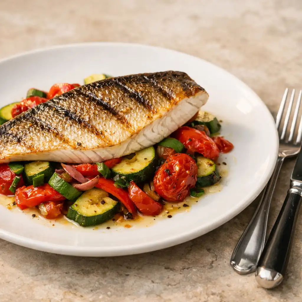 Filet de loup de mer grillé sur lit de légumes méditerranéens