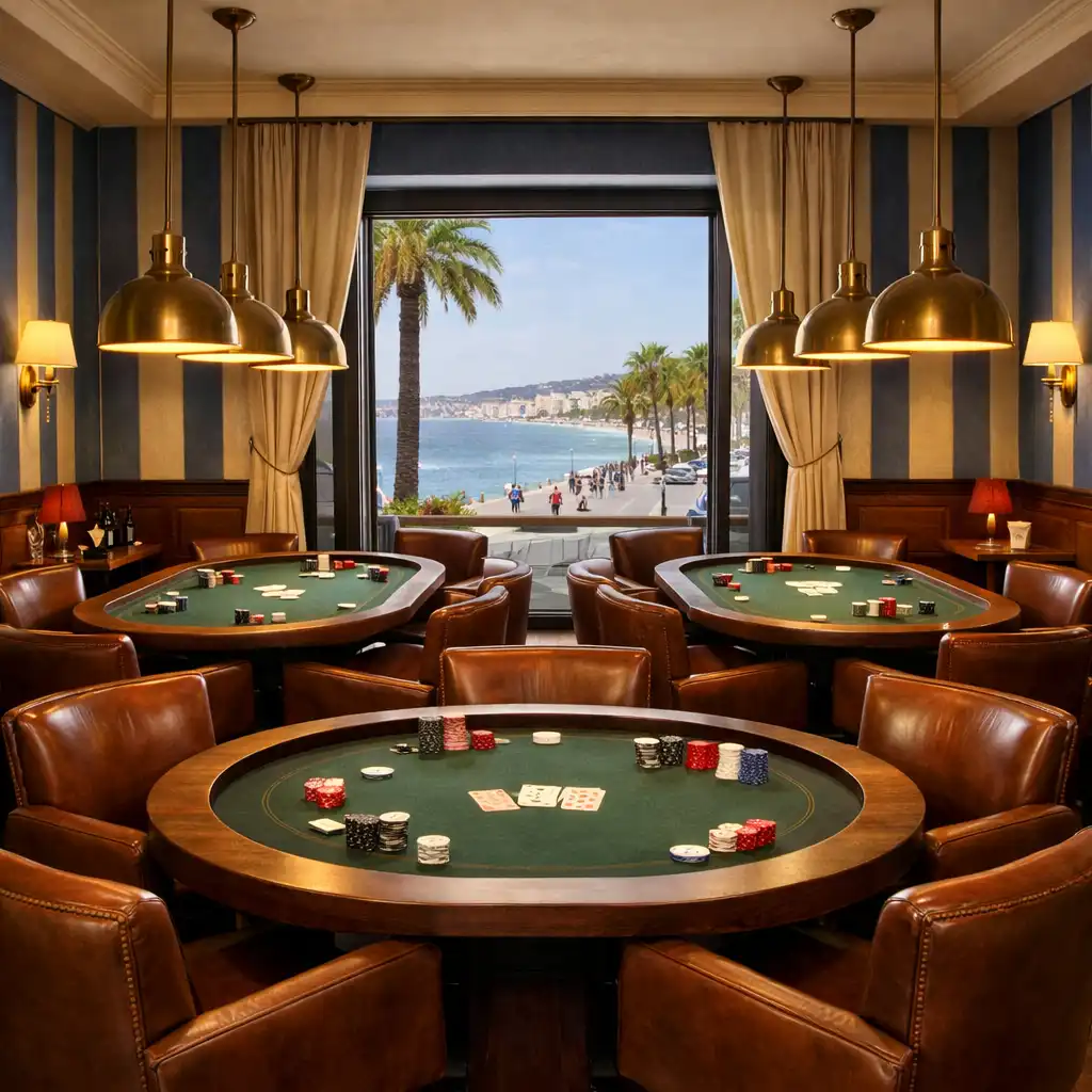 Salon de poker feutré avec table professionnelle en bois sombre, tapis vert et éclairage tamisé
