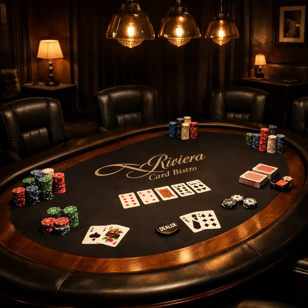 Salon de poker offline avec table ovale en bois sombre, chaises en cuir et jetons symboliques