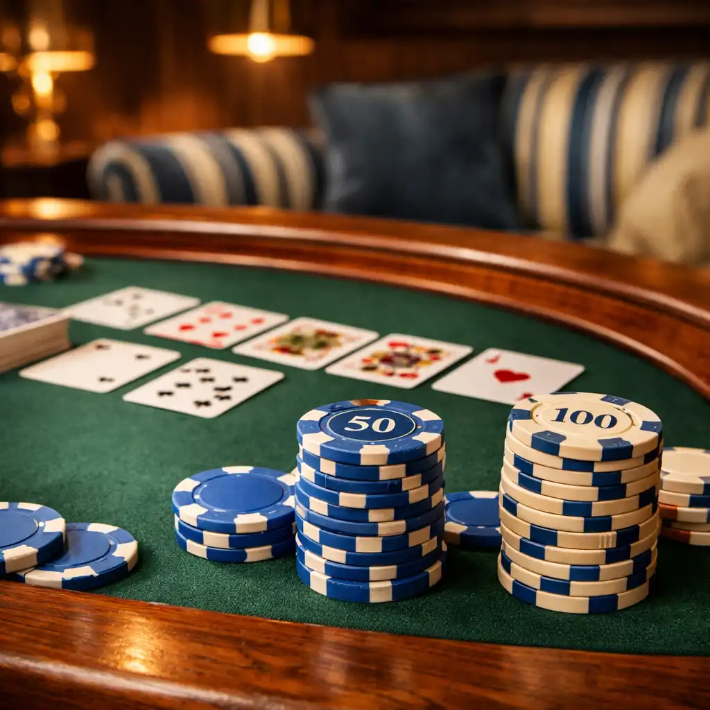 Table de poker en bois massif avec jetons en céramique bleus et crème dans un salon feutré