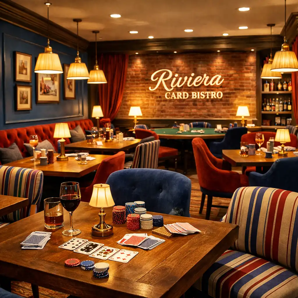 Salle du Riviera Card Bistro mêlant bistro chic et card room privé, avec tables en bois et éclairage tamisé