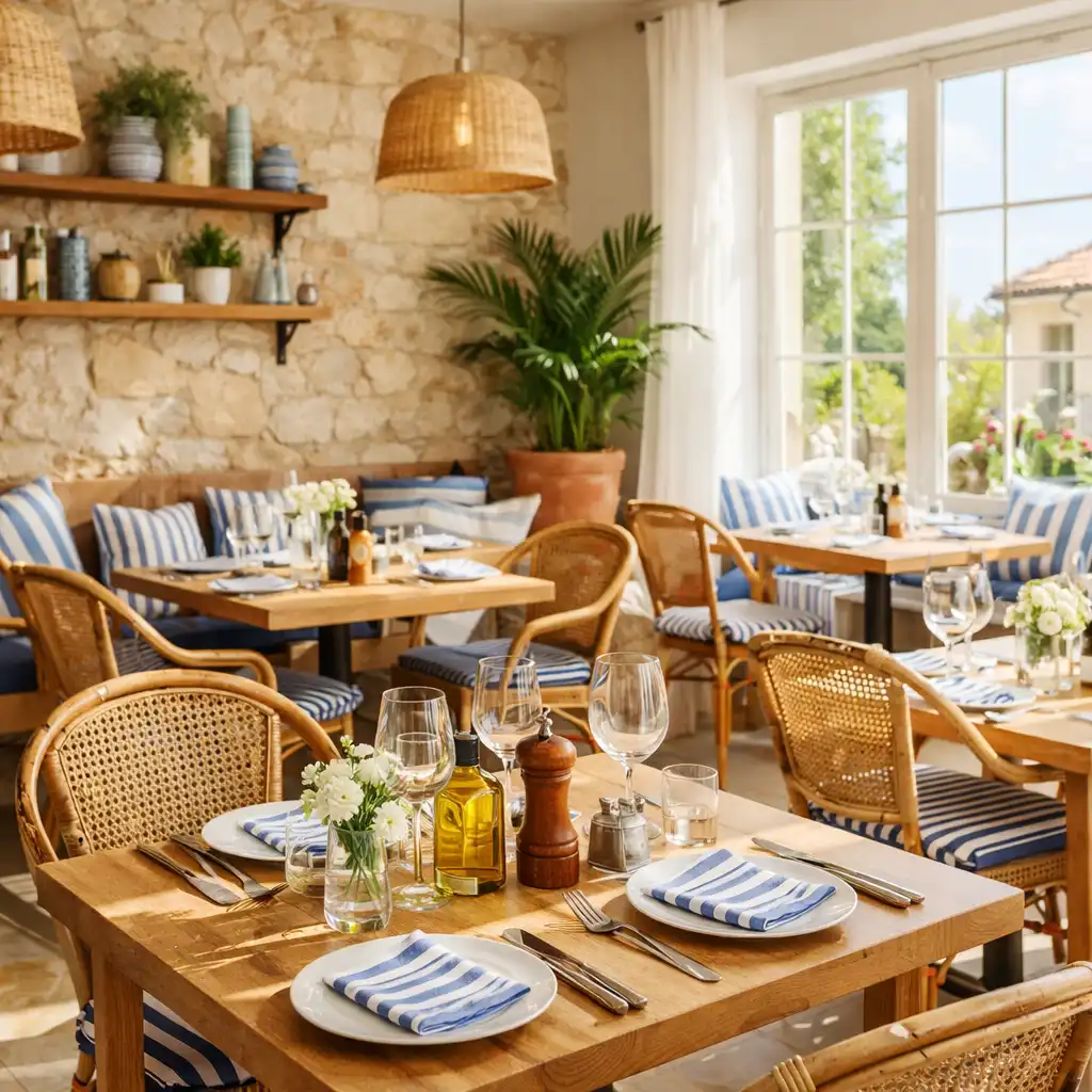 Salle de restaurant lumineuse du Riviera Card Bistro avec tables en bois clair et murs en pierre apparente