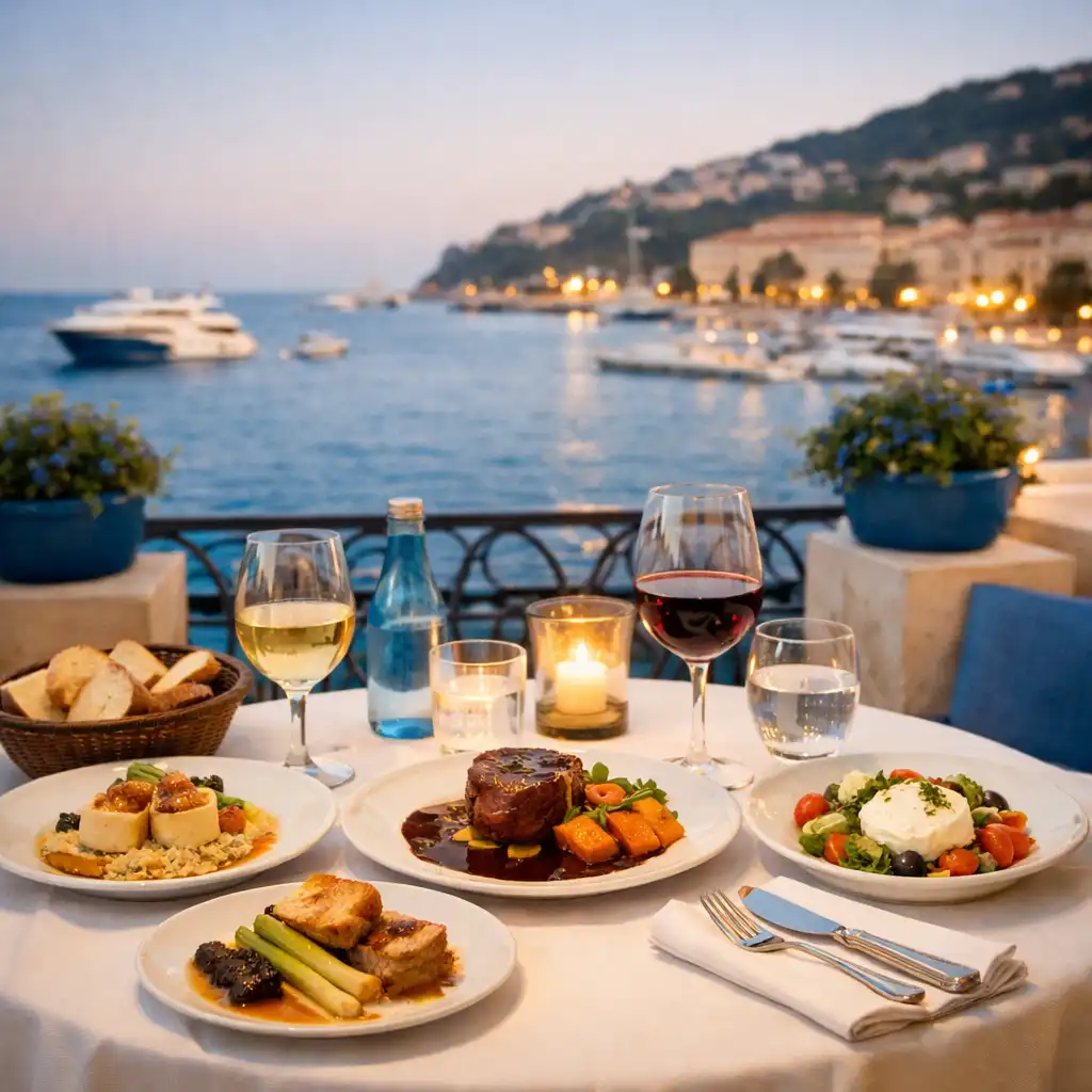 Table élégante du Riviera Card Bistro avec des plats raffinés de cuisine française