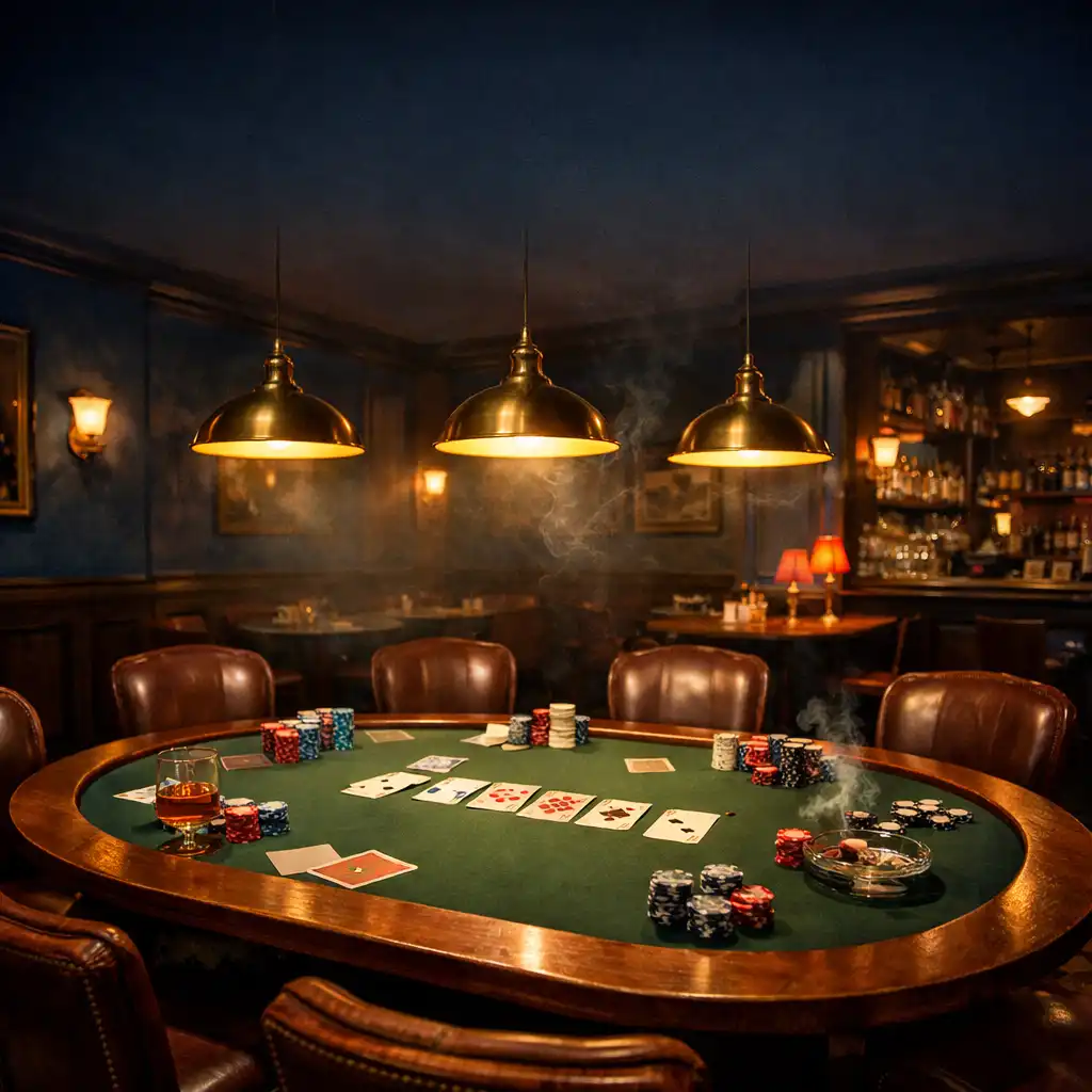 Vue d'ensemble du salon de poker feutré avec table en bois, cartes et jetons sous une lumière tamisée