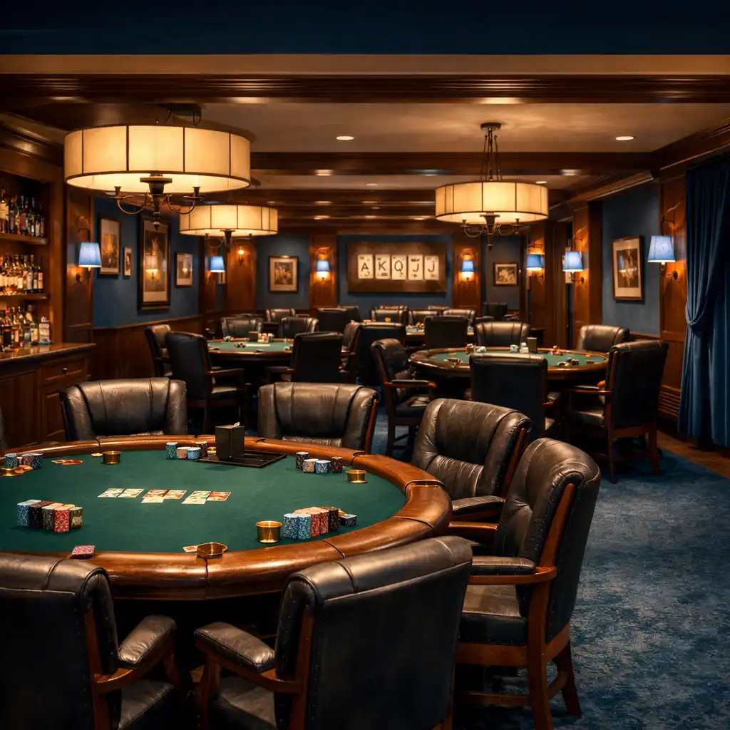 Salon de poker privé du Riviera Card Bistro avec tables professionnelles et ambiance feutrée