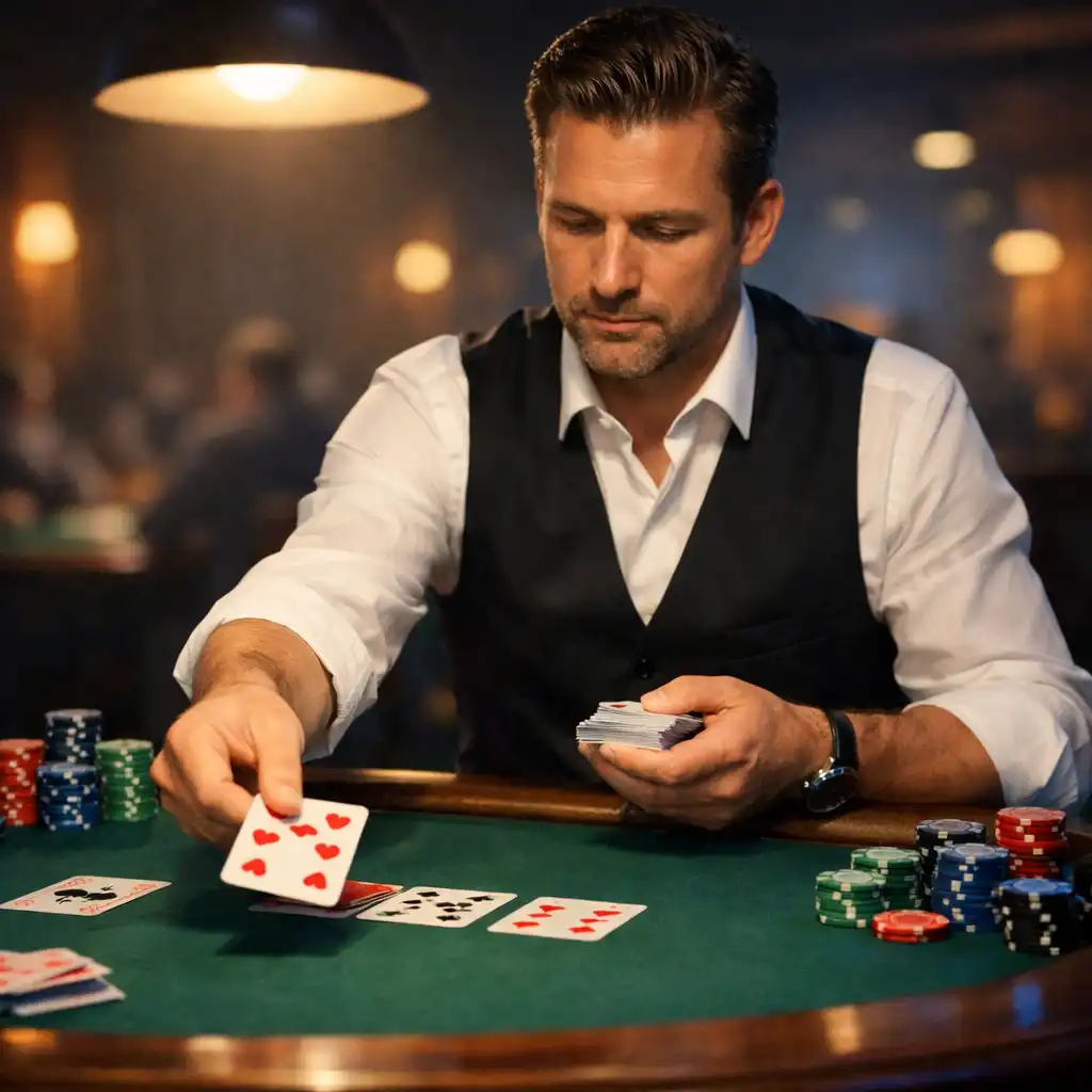 Dealer professionnel distribuant les cartes à une table de poker élégante