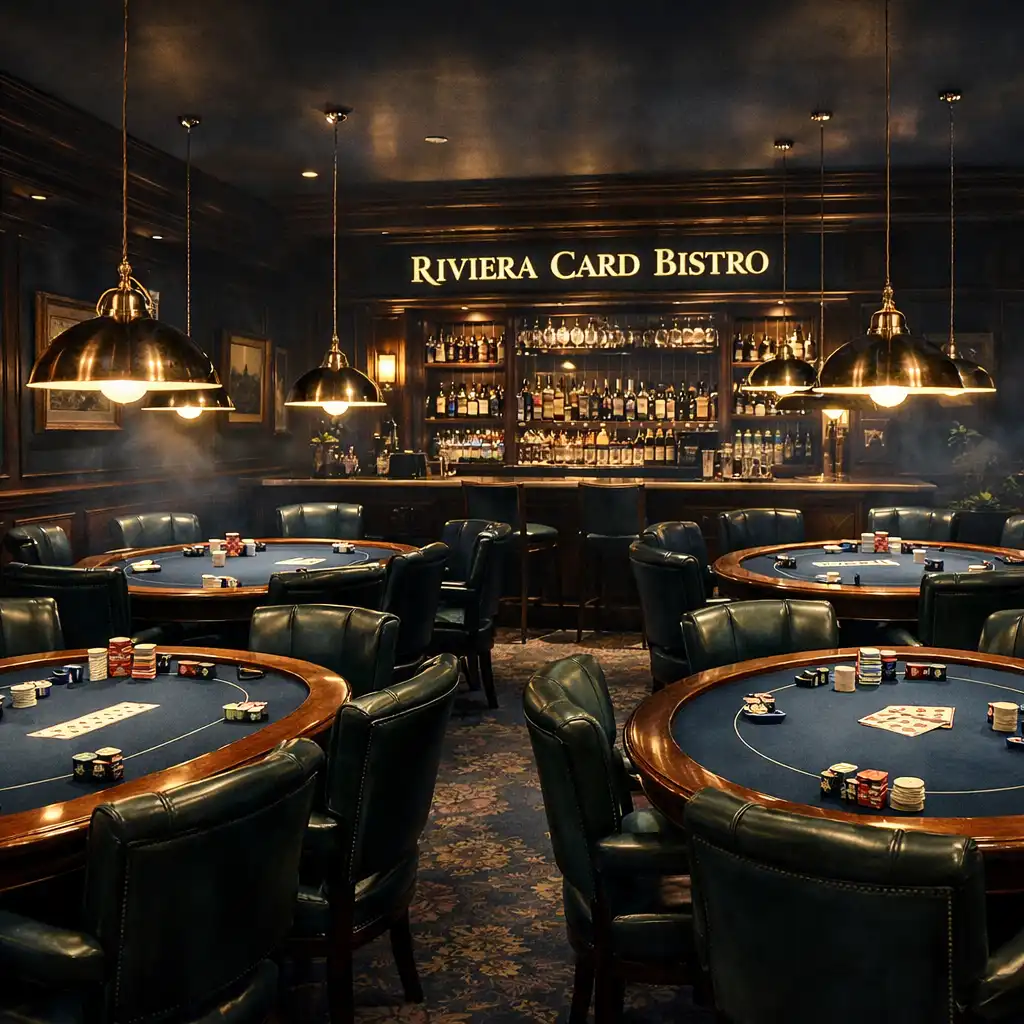 Vue du salon de poker du Riviera Card Bistro avec tables, éclairage tamisé et fauteuils en cuir
